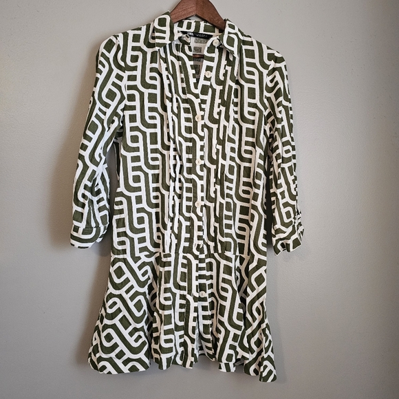 Zara linen blend geometric print collared Mini Dress Size Small - Picture 2 of 5